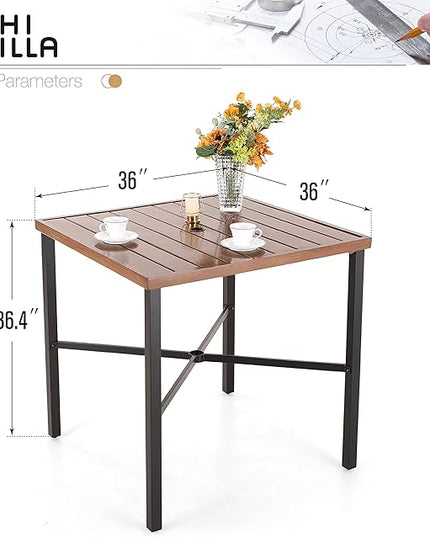 PHI VILLA 36"X36" Outdoor Metal Counter Height Table with 1.57" Umbrella Hole, Square Table with Teakwood-Brown Table Top and Black Table Legs for Outdoor and Indoor