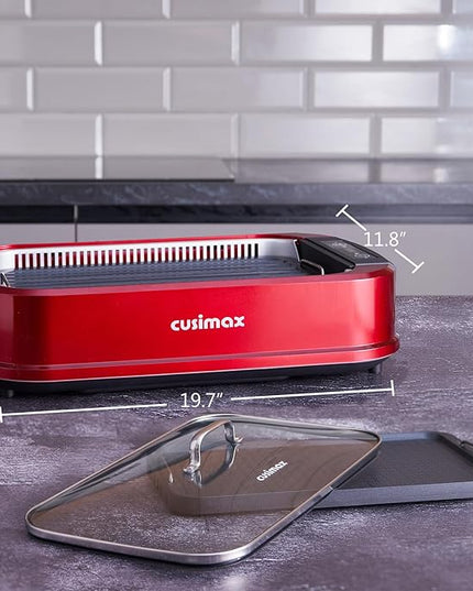 Indoor Grill, CUSIMAX Smokeless Grill Indoor, Electric Griddle, 1500W Korean BBQ Grill with LED Smart Display & Tempered Glass Lid, Non-stick Removable Plate & Griddle Plate, Red