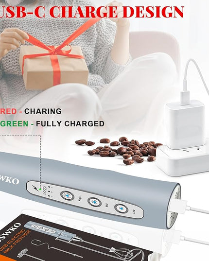 YUSWKO Rechargeable Milk Frother for Coffee, Handheld Drink Mixer with 3 Heads 3 Speeds, Ideal Electric Stirrers for Travel