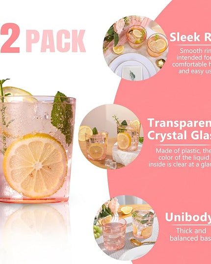 Liacere Plastic Drinking Glasses (Set of 12) 14 oz Pink Reusable Plastic Glasses Colors，Kitchen Water Glasses Cup,Bar Tumbler Glassware Set for Beer, Juice, Cocktail, Whiskey for Valentine’s Day
