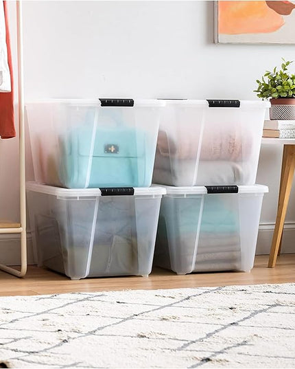 IRIS USA 51 L (54 QT) Plastic Storage Box with Lid and Latches - 4 Pack - BPA-Free, See-Through Organizing Solution, Durable Nestable Stackable Containers, Secure Pull Handle - Clear