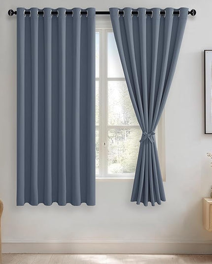 JIUZHEN Dusty Blue Blackout Curtains with Tiebacks Thermal Insulated,Light Blocking and Noise Reducing Grommet Curtains for Bedroom and Living Room, Set of 2 Window Curtain Panels, 70 x 63 Inch Length