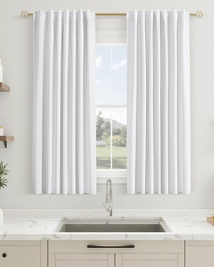 Guken White Linen Blackout Curtains 54 Inch Length 2 Panels Set for Living Room Bedroom Back Tab Thermal Insulated 100% Black Out Linen Drapes Room Darkening Window Curtains Pure White