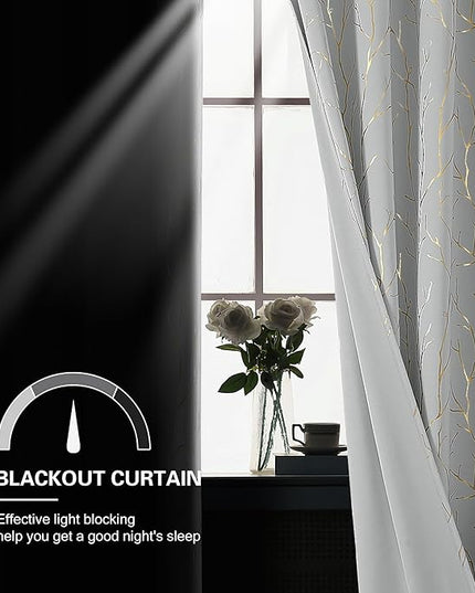 BUHUA Blackout Curtains 84 Inches Long, Gold Foil Print Pattern Room Darkening Curtain, Living Room Curtains & Drapes, Thermal Insulated Window Panel Set, 52 x 84 Inch, Silver