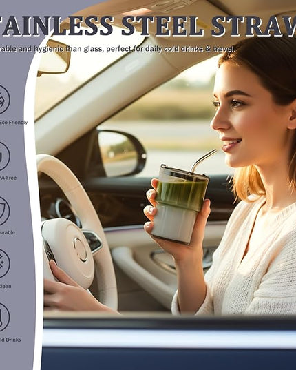 2 Packs Glass Tumbler with Lid and Straw 13 oz Cute Ice Coffee Cup Set Bulk Vasos de Vidrio Con Tazas Para Cafe Cocina Accesorios Home Bar Accessories New House Warming Gift Kitchen Stuff