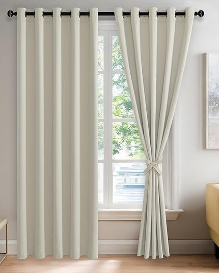 JIUZHEN Ivory Blackout Curtains with Tiebacks - Thermal Insulated, Light Blocking and Noise Reducing Grommet Curtains for Bedroom and Living Room, Set of 2 Window Curtain Panels, 60 x 84 Inch Length