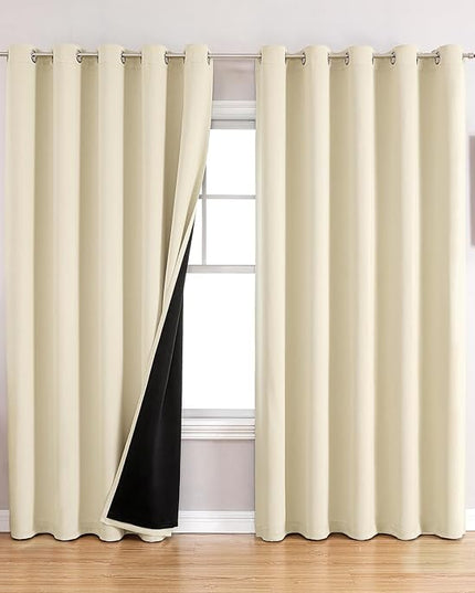 ChrisDowa 100% Blackout Curtains 84 inch Long for Bedroom with Black Liner, Extra Wide 2 Thick Layers Total Blackout Thermal Insulated Grommet Window Curtains 2 Panels Set (Light Beige, 60 x 84 Inch)
