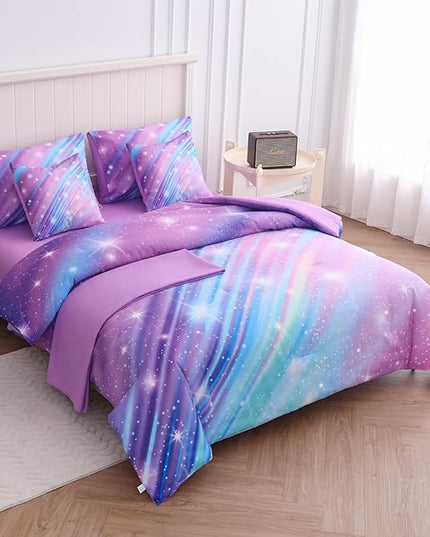 Rainbow Bedding Set Full Size – 7 Piece Reversible Girls Comforter with Deep-Pocket Sheet, Gradient Galaxy Design, Whole-Piece Filling, Machine Washable Bed-in-a-Bag for Kids Room Makeover & Gifts