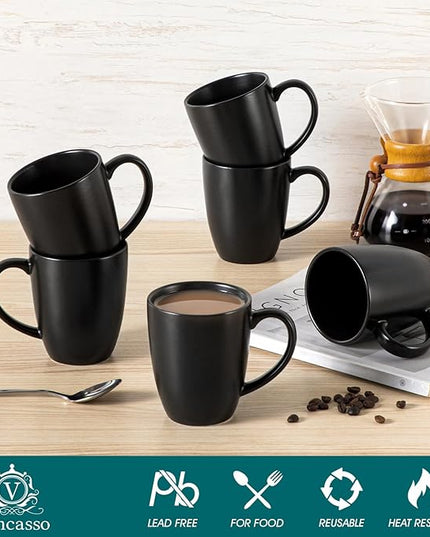 vancasso PLAYA Ceramic Coffee Mug Set of 6, 12 Oz Tea Cups with Handle for Latte, Tea, Cappuccino, Milk, Cocoa, Microwave&Dishwasher Safe, Black