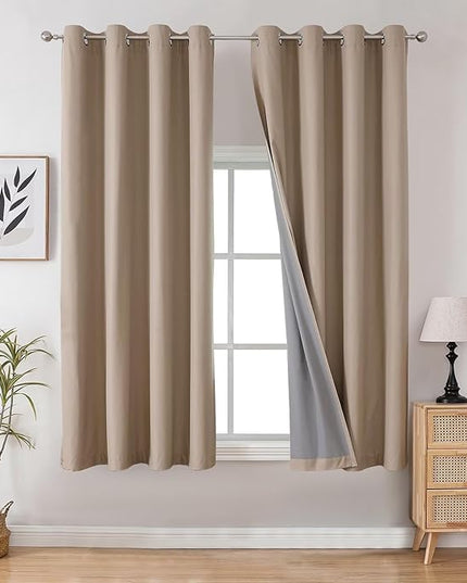 Joydeco Taupe Curtains 63 Inch Length for Bedroom, Solid Blackout Curtains 63 Inch Length for Livingroom, Grommet Thermal Insulated Solid Polyester Room Darkening Curtains 63 Inches Long