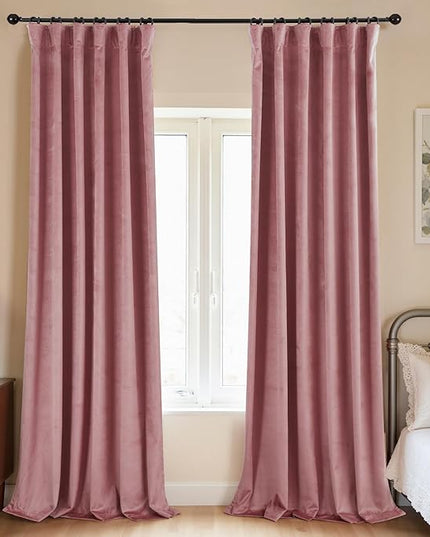 KOUFALL Dusty Rose Mauve Pink Velvet Blackout Curtains for Bedroom Nursery,Romantic Vintage Shabby Chic French Country Curtains for Living Room Black Out 96 Inches Long 2 Panels Set