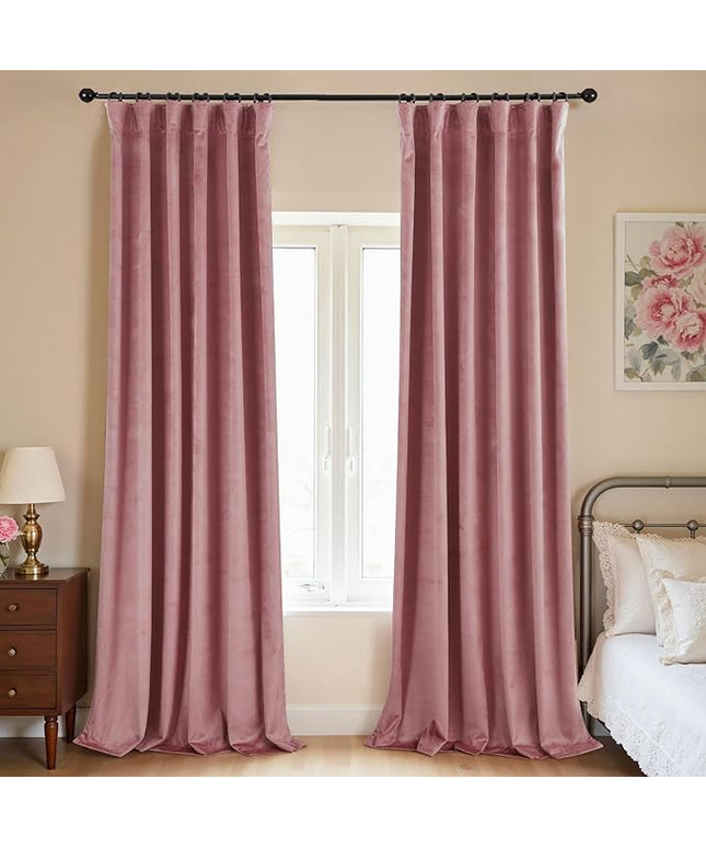 KOUFALL Dusty Rose Mauve Pink Velvet Blackout Curtains for Bedroom Nursery,Romantic Vintage Shabby Chic French Country Curtains for Living Room Black Out 96 Inches Long 2 Panels Set