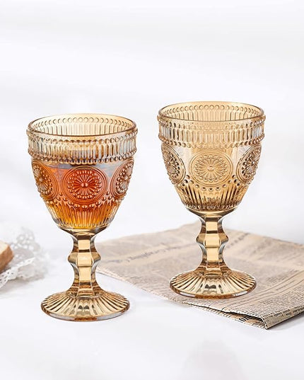 24 Pcs Vintage Wine Glasses, 10 Oz Colored Glass Water Goblets, Unique Flower Embossed Pattern High Clear Stemmed Glassware Wedding Party Bar Glass Drinking Cups Flower Amber Fancy Glasses Set of 24