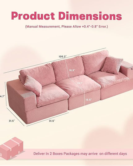 106.3” Sectional Couches for Living Room, Cloud Couch, Modular Sectional Sofa, Convertible Sofas Bed, Deep Seat Sofa, Corduroy, Pink