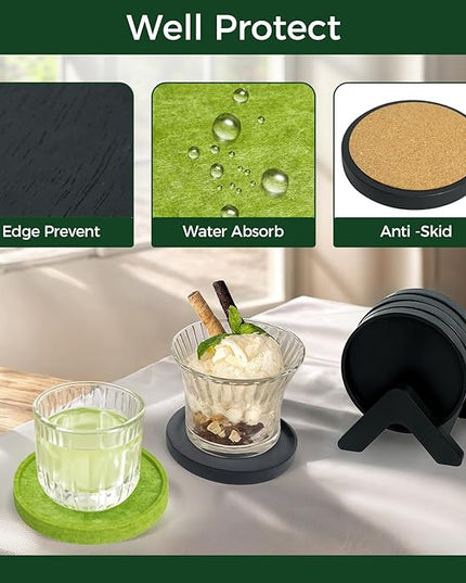 Acacia Wood Coasters Set of 8 with Holders, 4 Acacia Wood & 4 Absorbent Felt Pads, 3.6 Inches Fit Coffee Table, Home, Office, Bar, Offers Tabletop Protection, Stylish Decor and Ideal Gift