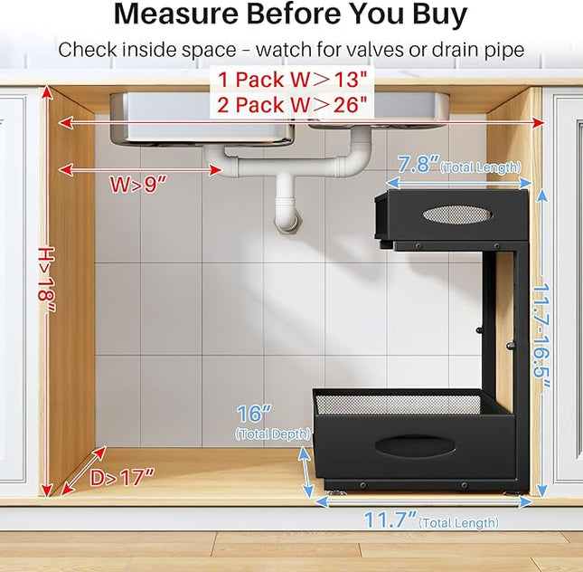 Under Sink Organizer, 2 Pack 2 Tier Pull Out Under Cabinet Organizer Shelf with Pad for Framed Cabinets, Metal Slide Out Under Sink Storage, Mesh Sliding Drawers for Kitchen Bathroom Laundry, Black