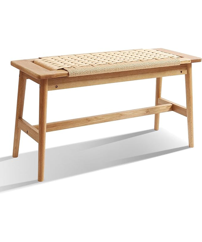 OGMILL 33.5" L Wood Dining Bench Indoor, 100% Natural Solid Oak Bed Bench Hand Woven Enterway Bench Small Bench for Dining Room, Bedroom, Kitchen (Natural)