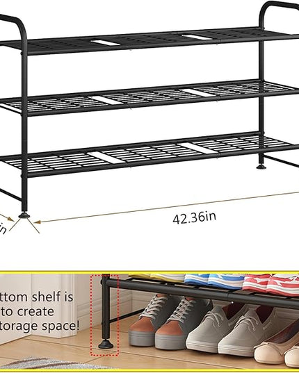 LINZINAR Shoe Rack 3 Tier Long Metal Shoe Organizer for Closet Entryway Black