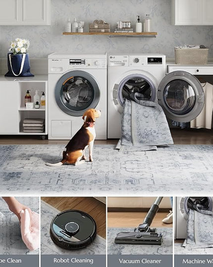 jinchan 2x3 Washable Rug for Entryway - Vintage Floral Ultra-Thin Low Pile Soft Small Non-Slip Distressed Indoor Doormat Accent Rug for Entrance Kitchen Bathroom Bedroom (2x3ft, Grey)