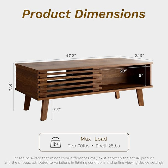 Mid Century Modern Coffee Table, Wood Coffee Table with Storage, Farmhouse Table for Living Room, Apartment, Walnut