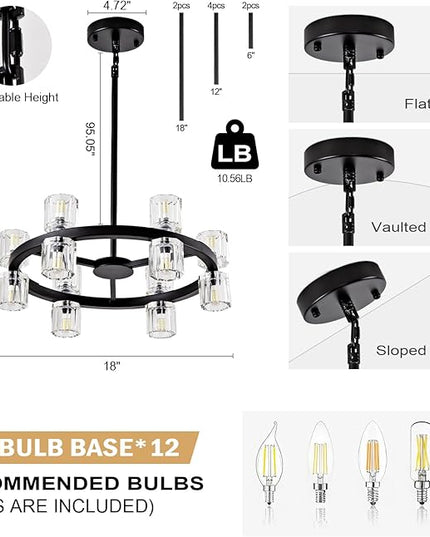 18'' Modern Large Chandelier, 12-Light Elegant Crystal Chandeliers for Dining Room, Black Farmhouse Round Wagon Wheel Pendant Lighting Fixture with Glass Shade for Living Room High Ceilings Entryway