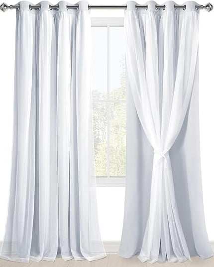 Hiasan Greyish White Blackout Curtains with Sheer, Thermal Insulated Privacy Double Layer Grommet Window Curtains for Bedroom, Living Room, Nursery, 2 Drape Panels with Tiebacks, 52W X 96L