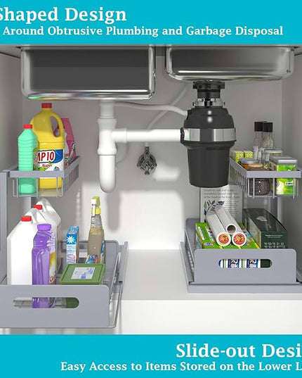 REALINN Under Sink Organizer, Pull Out Cabinet Organizer 2 Tier Slide Out Sink Shelf Cabinet Storage Shelves, Storage for Kitchen Bathroom, Grey, 2 Pack
