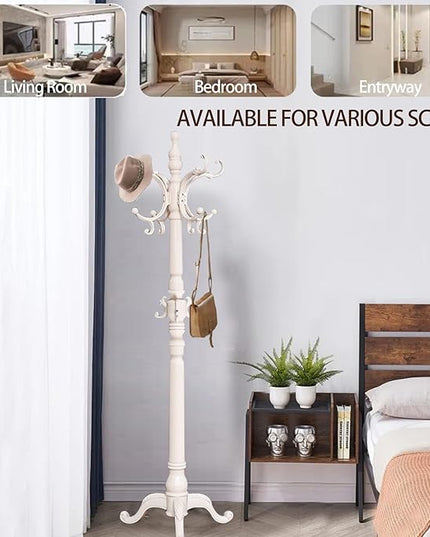 Wooden Coat Racks, Retro 78" Coat Tree with 12 Hooks & Stable Triangular Base, Entryway Coat Rack Freestanding for Hat, Clothes, Scarves, Handbags, Umbrella (Ivory)