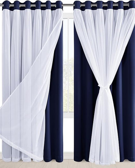Hiasan Blackout Curtains with Sheer Overlay 84 Inches Long, Thermal Insulated Double Layer Window Curtains for Bedroom, Living Room, Nursery, 2 Panels Sewn with Tiebacks, Navy Blue, 70W X 84L