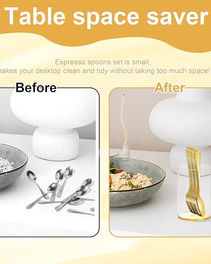 6 Pcs Gold Coffee Spoons with Holder Mini Coffee Spoons Gold 4.7 Inch Demitasse Espresso Spoons Tiny Dessert Spoons Small Tea Spoon Stainless Steel Acrylic Cylinder Holder for Coffee Bar Home Party