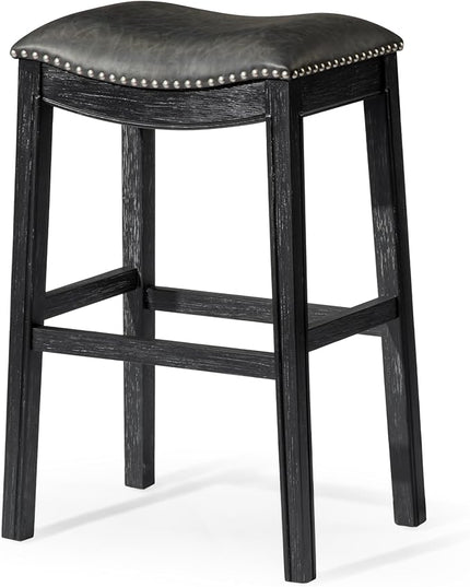 Maven Lane Adrien Backless Bar Stool – 31 Inch Saddle Seat with Footrest – Black Solid Wood Frame & Grey Faux Leather Upholstery – Ideal for Bars, Pub Tables & Tall Kitchen Counters
