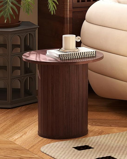 COSVALVE Round Wood Fluted End Table, 15.7“ Circle Farmhouse Side Table Sets for Living Room, Bedroom, Balcony, Small Spaces, Walnut