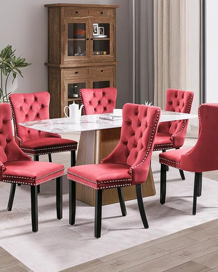 SoarFlash Velvet Dining Chair Set of 6, Upholstered Tufted Dining Room Chair with Nailhead Trim and Solid Wood Leg for Kitchen (Wine Red)