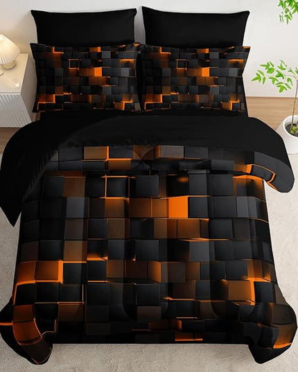 Geometric Yellow Black King Comforter Set,Light Honeycomb Bedding Set 7 Piece in A Bag,Bed Sheet Set Geometry Decor,Microfiber Lightweight All Season