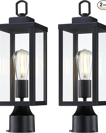 GRUENLICH Outdoor Post Lighting Fixture Pole Lantern, E26 Medium Base Max 60W, Metal Housing Plus Glass, Matte Black Finish, Bulb Not Included, 2 Pack
