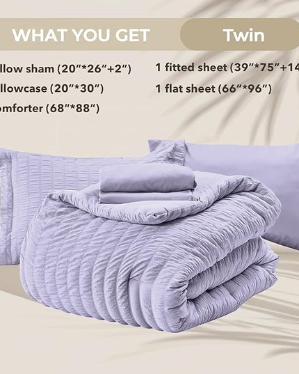HYMOKEGE Light Purple Twin Comforter Set Seersucker 5 Pieces, All Season Luxury Bed in a Bag for Bedroom, Bedding Set with Comforter, Sheets, Pillowcase & Sham