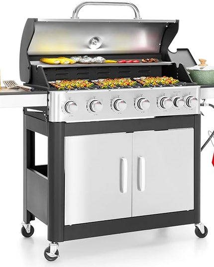 6 Burner Propane Gas BBQ Grill with Side Burner & Porcelain-Enameled Cast Iron Grate, 65,800 BTUs Barbecue Grill 665 Sq. In. Grilling Area, Outdoor Propane Grill for Camping Patio Backyard Cooking