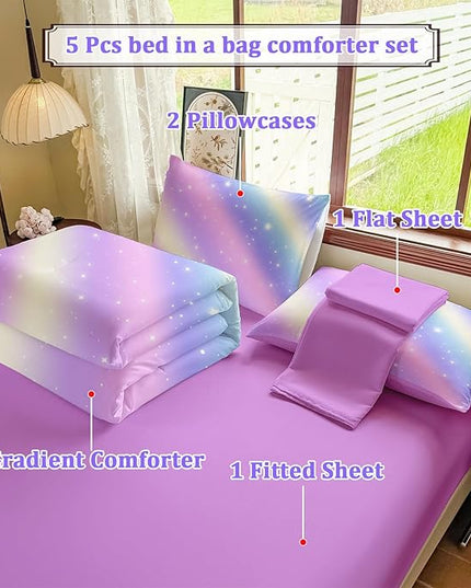 Girls Full Size Bedding Sets Rainbow Bedding – 5 Piece Comforter Set Full, Gradient and Colorful Galaxy Comforter for All-Season – Machine Washable, Durable – Gift Idea for Boys and Girls Room