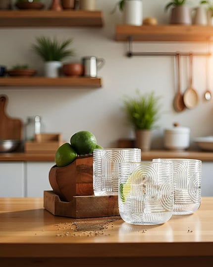 Glaver's Whiskey Glasses 13 oz Rocks Glass Double Old Fashioned Set of 4 DOF Home Bar Thick Glasses Embossed Designed Elegant Clear Modern Vintage Drinking Glassware