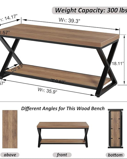 IBF Wood Bench Indoor, Industrial entryway Bench with Shoe Storage for Living Dining Room, Farmhouse Wooden Metal Entry Way Foyer Benches Seat for Bedroom Entryway, Rustic Oak, 39 Inch Long