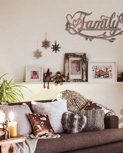 AUHOKY Family Where Life Begins Love Never Ends Word Sign Metal Wall Decor, Black Home Decor Wall Art Decorations, Letters Quotes Sign for Living Room Bedroom Kitchen Indoor Outdoor Decor(17.5 x 9in)