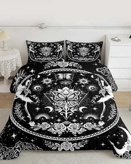 Sun Moon Kids Comforter Set Twin Size,Starry Sky Galaxy Trippy Bedding Set,Boys Girls Adults Room Decor,Butterfly Skeleton Rose Flowers Boho Down Comforter,Black White Duvet Insert,1 Pillowcase
