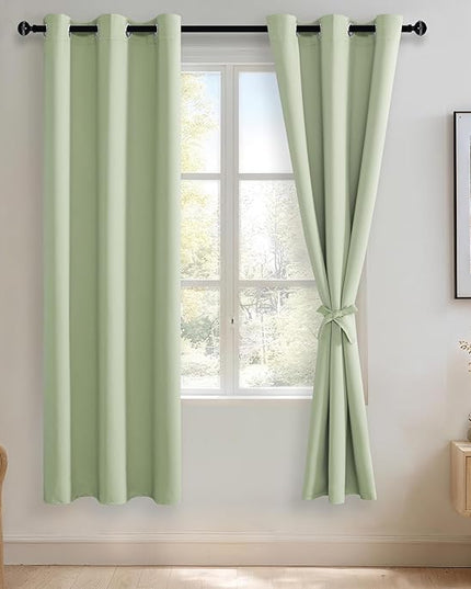 JIUZHEN Light Green Blackout Curtains with Tiebacks Thermal Insulated, Light Blocking and Noise Reducing Grommet Curtains for and Living Room, Set of 2 Window Curtain Panels, 42 x 72 Inch Length