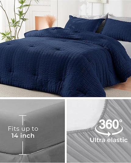 HYMOKEGE Navy Blue/Light Grey Queen Comforter Set Seersucker 7 Pieces, All Season Luxury Bed in a Bag Queen for Bedroom, Bedding Set with Comforter, Sheets, Pillowcases & Shams