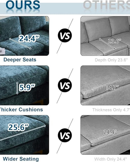 VINGLI 110" Large U-shape Sectional Sofa Couch with 51"D Double Chaise for Living Room, Modern Sectional Couch Set with Soft 5.9" Thickness Seating Padding, Chenille Fabric ,Metal Gold Legs(Rich Cyan)