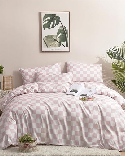 CLOTHKNOW Pink Plaid Comforter Set California King 3Pcs Pink White Bedding Comforter Sets Checker Comforter Soft Grid Comforter Sets Cal King