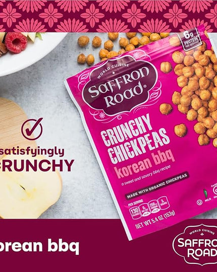 Saffron Road Roasted Korean BBQ Crunchy Chickpeas | High-Protein, Vegan, Gluten-Free, Non-GMO, Halal & Kosher Certified Snack | 5.4 oz Resealable Pouch | Pack of 6