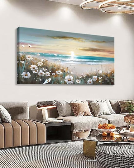 LKY ART Sunset Beach Wall Art Canvas White Flowers Canvas Prints Home Decor Painting for Living Room Bedroom Office Seascape Natural Landscape Wall Decor Ready to Hang