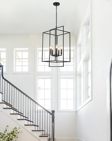Black Farmhouse Chandelier, Extra Large Foyer Lighting Fixtures 14.17" Lantern Pendant Light, Industrial Foyer Chandelier for Staircase Entryway Hallway Kitchen, Lacquered Black 5 Lights