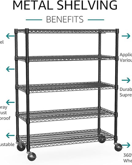 IZEUK Garage Shelving Wide Storage Shelves 5 Tier Metal Shelves 4000 LBS Heavy Duty Adjustable Utility Shelf Rack Black 23.6" D x 53.1" W x 73.6" H